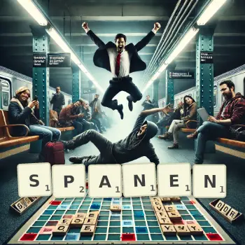 Kreative Illustration für ein Scrabble-Spiel, bei dem das Wort SPANEN mit Steinen auf dem Brett gelegt wurde.