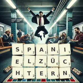 Kreative Illustration für ein Scrabble-Spiel, bei dem das Wort SPANIELZÜCHTERN mit Steinen auf dem Brett gelegt wurde.