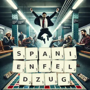 Kreative Illustration für ein Scrabble-Spiel, bei dem das Wort SPANIENFELDZUG mit Steinen auf dem Brett gelegt wurde.