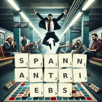 Kreative Illustration für ein Scrabble-Spiel, bei dem das Wort SPANNANTRIEBS mit Steinen auf dem Brett gelegt wurde.