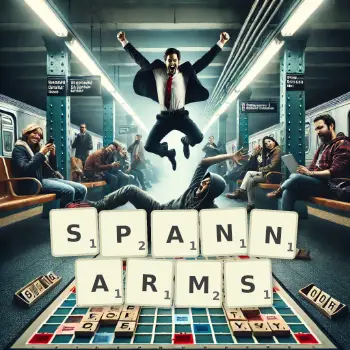 Kreative Illustration für ein Scrabble-Spiel, bei dem das Wort SPANNARMS mit Steinen auf dem Brett gelegt wurde.