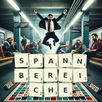 Kreative Illustration für ein Scrabble-Spiel, bei dem das Wort SPANNBEREICHE mit Steinen auf dem Brett gelegt wurde.