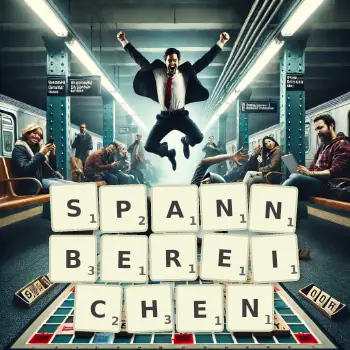 Kreative Illustration für ein Scrabble-Spiel, bei dem das Wort SPANNBEREICHEN mit Steinen auf dem Brett gelegt wurde.