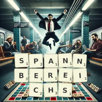 Kreative Illustration für ein Scrabble-Spiel, bei dem das Wort SPANNBEREICHS mit Steinen auf dem Brett gelegt wurde.