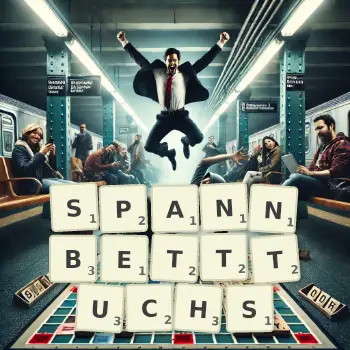 Kreative Illustration für ein Scrabble-Spiel, bei dem das Wort SPANNBETTTUCHS mit Steinen auf dem Brett gelegt wurde.