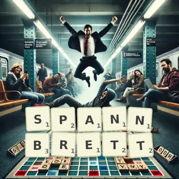 Kreative Illustration für ein Scrabble-Spiel, bei dem das Wort SPANNBRETT mit Steinen auf dem Brett gelegt wurde.