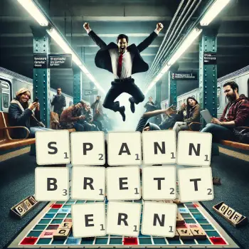 Kreative Illustration für ein Scrabble-Spiel, bei dem das Wort SPANNBRETTERN mit Steinen auf dem Brett gelegt wurde.