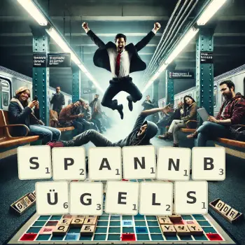 Kreative Illustration für ein Scrabble-Spiel, bei dem das Wort SPANNBÜGELS mit Steinen auf dem Brett gelegt wurde.