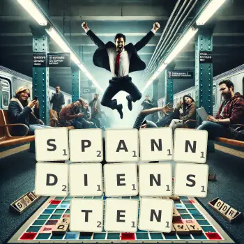 Kreative Illustration für ein Scrabble-Spiel, bei dem das Wort SPANNDIENSTEN mit Steinen auf dem Brett gelegt wurde.