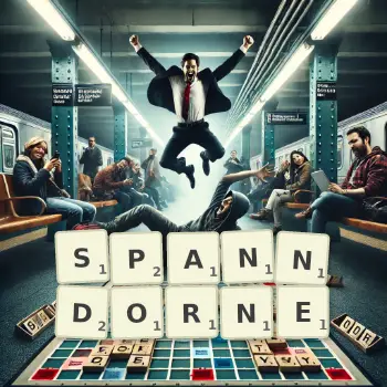 Kreative Illustration für ein Scrabble-Spiel, bei dem das Wort SPANNDORNE mit Steinen auf dem Brett gelegt wurde.