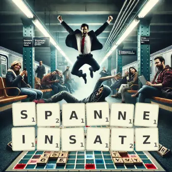 Kreative Illustration für ein Scrabble-Spiel, bei dem das Wort SPANNEINSATZ mit Steinen auf dem Brett gelegt wurde.
