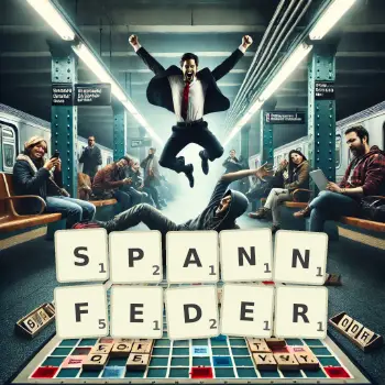 Kreative Illustration für ein Scrabble-Spiel, bei dem das Wort SPANNFEDER mit Steinen auf dem Brett gelegt wurde.