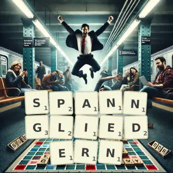 Kreative Illustration für ein Scrabble-Spiel, bei dem das Wort SPANNGLIEDERN mit Steinen auf dem Brett gelegt wurde.