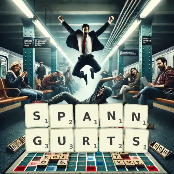 Kreative Illustration für ein Scrabble-Spiel, bei dem das Wort SPANNGURTS mit Steinen auf dem Brett gelegt wurde.