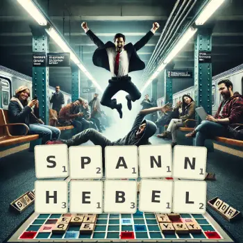 Kreative Illustration für ein Scrabble-Spiel, bei dem das Wort SPANNHEBEL mit Steinen auf dem Brett gelegt wurde.