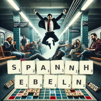 Kreative Illustration für ein Scrabble-Spiel, bei dem das Wort SPANNHEBELN mit Steinen auf dem Brett gelegt wurde.