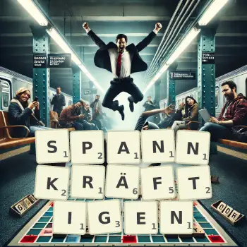 Kreative Illustration für ein Scrabble-Spiel, bei dem das Wort SPANNKRÄFTIGEN mit Steinen auf dem Brett gelegt wurde.