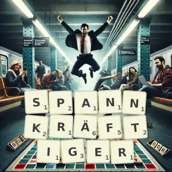 Kreative Illustration für ein Scrabble-Spiel, bei dem das Wort SPANNKRÄFTIGER mit Steinen auf dem Brett gelegt wurde.