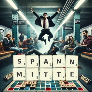 Kreative Illustration für ein Scrabble-Spiel, bei dem das Wort SPANNMITTE mit Steinen auf dem Brett gelegt wurde.