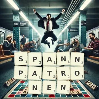 Kreative Illustration für ein Scrabble-Spiel, bei dem das Wort SPANNPATRONEN mit Steinen auf dem Brett gelegt wurde.