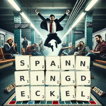 Kreative Illustration für ein Scrabble-Spiel, bei dem das Wort SPANNRINGDECKEL mit Steinen auf dem Brett gelegt wurde.