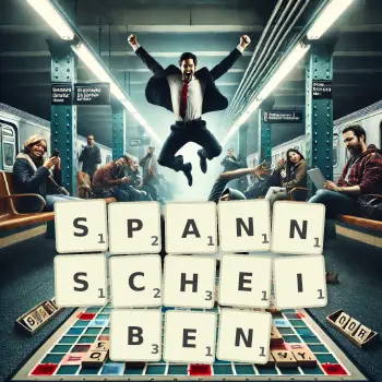 Kreative Illustration für ein Scrabble-Spiel, bei dem das Wort SPANNSCHEIBEN mit Steinen auf dem Brett gelegt wurde.