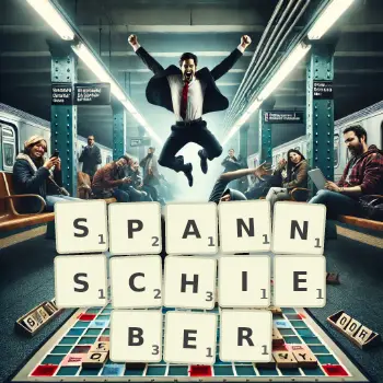 Kreative Illustration für ein Scrabble-Spiel, bei dem das Wort SPANNSCHIEBER mit Steinen auf dem Brett gelegt wurde.