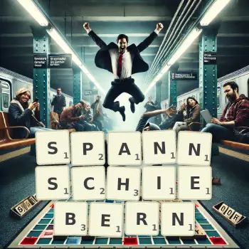 Kreative Illustration für ein Scrabble-Spiel, bei dem das Wort SPANNSCHIEBERN mit Steinen auf dem Brett gelegt wurde.