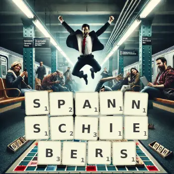 Kreative Illustration für ein Scrabble-Spiel, bei dem das Wort SPANNSCHIEBERS mit Steinen auf dem Brett gelegt wurde.