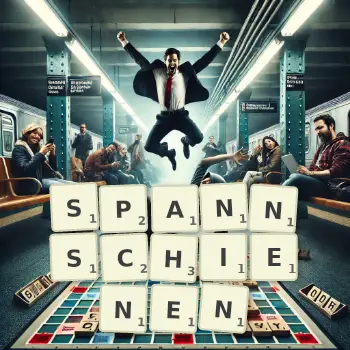 Kreative Illustration für ein Scrabble-Spiel, bei dem das Wort SPANNSCHIENEN mit Steinen auf dem Brett gelegt wurde.