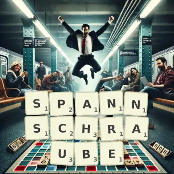 Kreative Illustration für ein Scrabble-Spiel, bei dem das Wort SPANNSCHRAUBE mit Steinen auf dem Brett gelegt wurde.