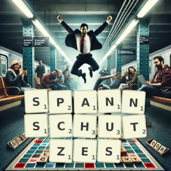 Kreative Illustration für ein Scrabble-Spiel, bei dem das Wort SPANNSCHUTZES mit Steinen auf dem Brett gelegt wurde.