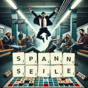 Kreative Illustration für ein Scrabble-Spiel, bei dem das Wort SPANNSEILE mit Steinen auf dem Brett gelegt wurde.