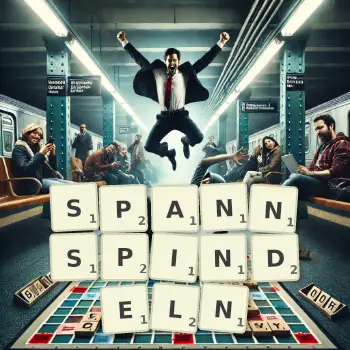Kreative Illustration für ein Scrabble-Spiel, bei dem das Wort SPANNSPINDELN mit Steinen auf dem Brett gelegt wurde.
