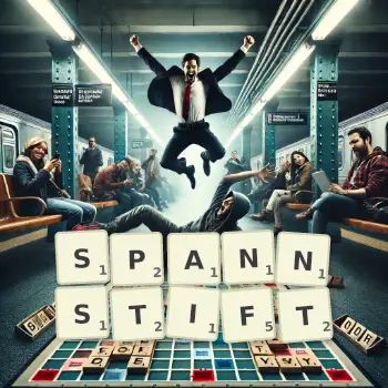 Kreative Illustration für ein Scrabble-Spiel, bei dem das Wort SPANNSTIFT mit Steinen auf dem Brett gelegt wurde.