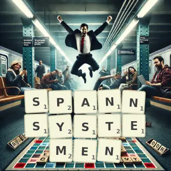 Kreative Illustration für ein Scrabble-Spiel, bei dem das Wort SPANNSYSTEMEN mit Steinen auf dem Brett gelegt wurde.