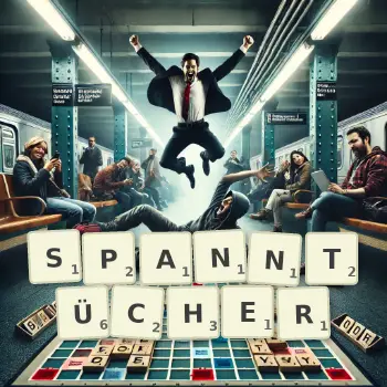 Kreative Illustration für ein Scrabble-Spiel, bei dem das Wort SPANNTÜCHER mit Steinen auf dem Brett gelegt wurde.