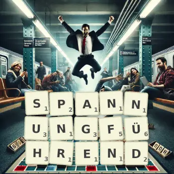 Kreative Illustration für ein Scrabble-Spiel, bei dem das Wort SPANNUNGFÜHREND mit Steinen auf dem Brett gelegt wurde.