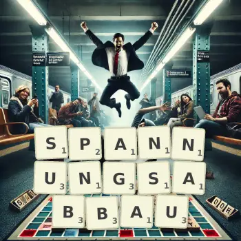 Kreative Illustration für ein Scrabble-Spiel, bei dem das Wort SPANNUNGSABBAU mit Steinen auf dem Brett gelegt wurde.