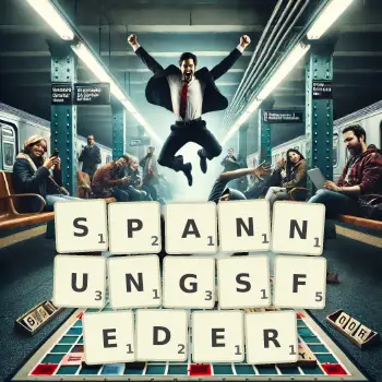 Kreative Illustration für ein Scrabble-Spiel, bei dem das Wort SPANNUNGSFEDER mit Steinen auf dem Brett gelegt wurde.