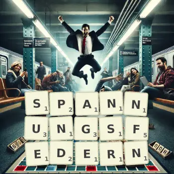 Kreative Illustration für ein Scrabble-Spiel, bei dem das Wort SPANNUNGSFEDERN mit Steinen auf dem Brett gelegt wurde.