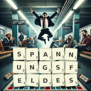 Kreative Illustration für ein Scrabble-Spiel, bei dem das Wort SPANNUNGSFELDES mit Steinen auf dem Brett gelegt wurde.