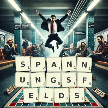 Kreative Illustration für ein Scrabble-Spiel, bei dem das Wort SPANNUNGSFELDS mit Steinen auf dem Brett gelegt wurde.