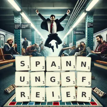 Kreative Illustration für ein Scrabble-Spiel, bei dem das Wort SPANNUNGSFREIER mit Steinen auf dem Brett gelegt wurde.