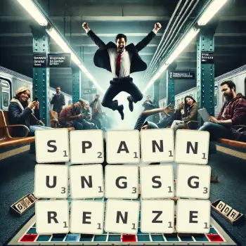 Kreative Illustration für ein Scrabble-Spiel, bei dem das Wort SPANNUNGSGRENZE mit Steinen auf dem Brett gelegt wurde.