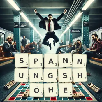 Kreative Illustration für ein Scrabble-Spiel, bei dem das Wort SPANNUNGSHÖHE mit Steinen auf dem Brett gelegt wurde.