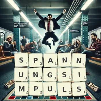 Kreative Illustration für ein Scrabble-Spiel, bei dem das Wort SPANNUNGSIMPULS mit Steinen auf dem Brett gelegt wurde.