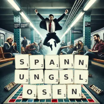 Kreative Illustration für ein Scrabble-Spiel, bei dem das Wort SPANNUNGSLOSEN mit Steinen auf dem Brett gelegt wurde.