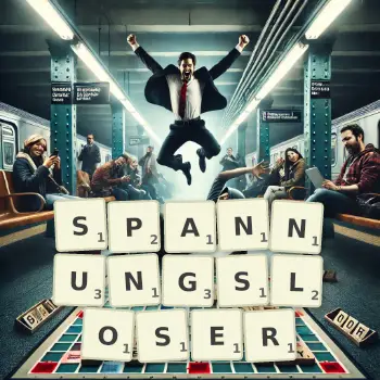 Kreative Illustration für ein Scrabble-Spiel, bei dem das Wort SPANNUNGSLOSER mit Steinen auf dem Brett gelegt wurde.