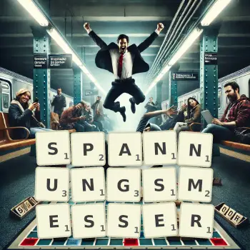 Kreative Illustration für ein Scrabble-Spiel, bei dem das Wort SPANNUNGSMESSER mit Steinen auf dem Brett gelegt wurde.